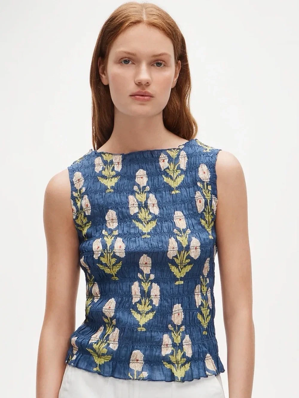 NWT J. Crew smocked shell top in marigold block-print ramie - size M